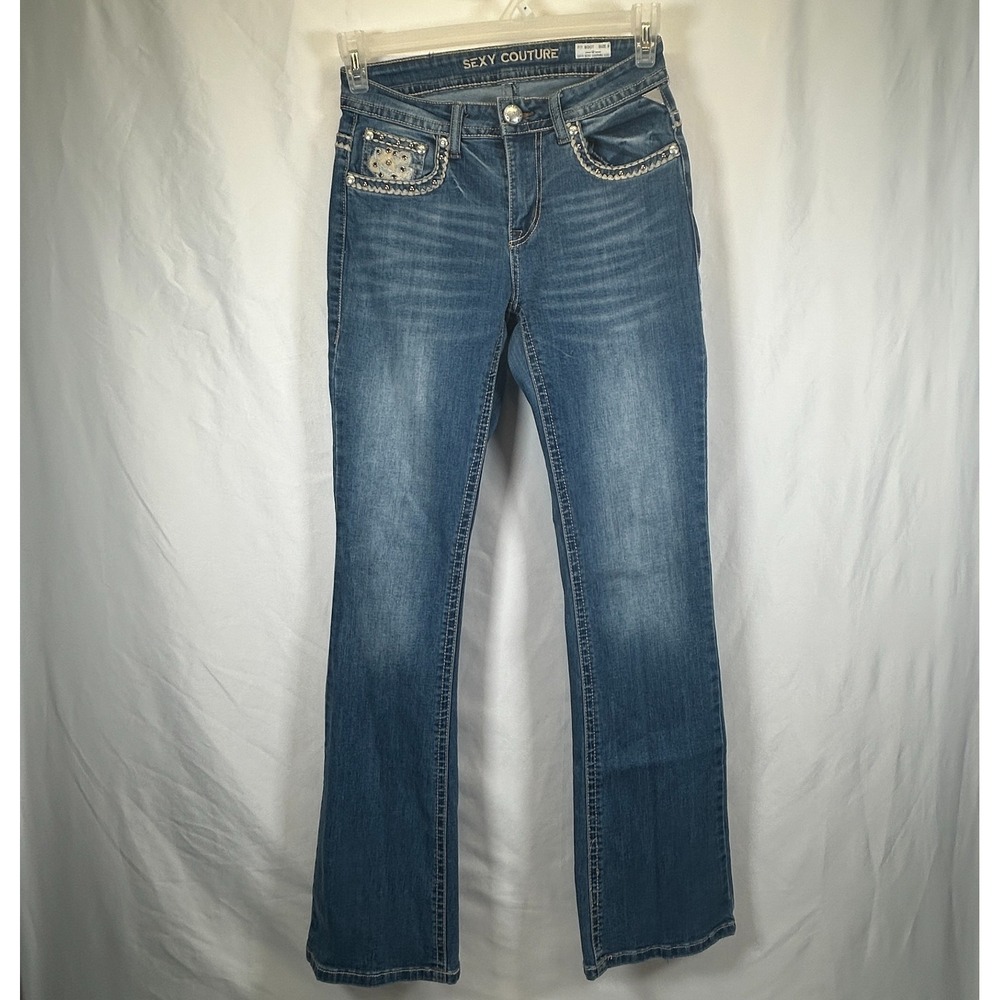Sexy Couture Jeans Size 9 Mid Rise Bling Rhinestone Boot Western Dark Denim 90s
